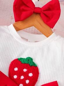 SHEIN Conjunto de vestido y diadema con Top de manga globo con cuello redondo, bordado de fresa blanco, lazo rojo y falda, adecuado para fotos divertidas, para bebé niña en verano
