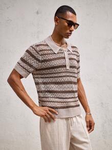 AKNOTIC Party Camisa polo para hombres con cuello a rayas en contraste de color café, ajuste slim, manga corta, adecuado para el uso diario