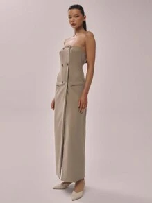 MUSERA Vestido midi elegante de estilo de traje de bandeau tejido para y verano, vacaciones y fiestas de "Old Money" - Gris - Ver 2