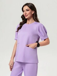 Scrubzie 抗皱短袖泡泡袖圆领多口袋上衣和裤子女士/护理服套装