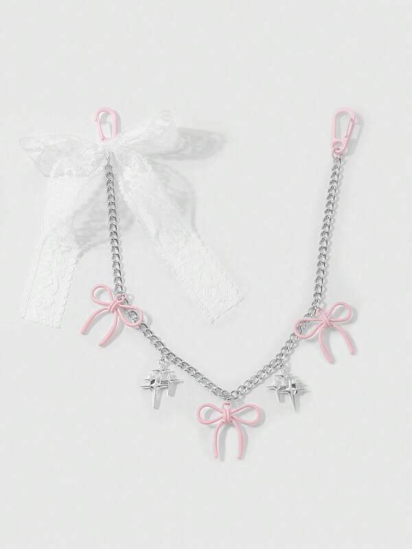 ROMWE Kawaii 1pc Y2K Chic Fashionable Cute Versatile High-Quality Silver Chain With White Lace, Pink Acrylic Bow Star Pendant Keychain, Suitable For Women Girls Everyday Wear And Holiday Gift