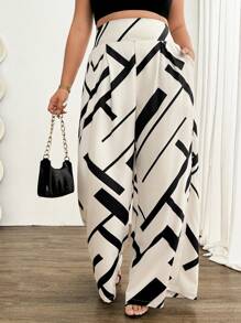 Elenzga Plus Size Women's Geometric Digital Print Loose Elegant Wide Leg Pants