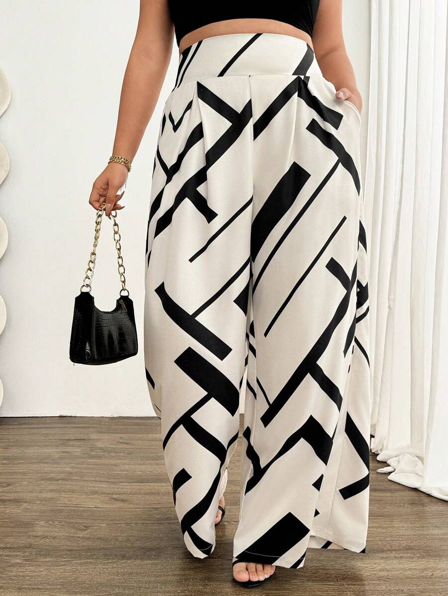 Elenzga Plus Size Women's Geometric Digital Print Loose Elegant Wide Leg Pants