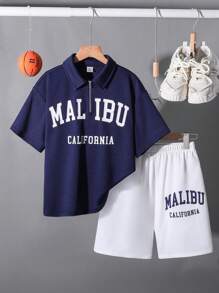 SHEIN Little Byeori 2 件套青少年男孩休闲韩版宽松字母图案 T 恤和短裤套装，适合通勤、上学、休闲、运动、春夏