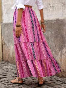 SHEIN VCAY Falda plisada y acampanada con rayas para mujer, informal y de ocio. Falda estampada con diseño geométrico maxi para vacaciones y playa. Conjunto de vacaciones para mujer. Outfits de verano para mujer.