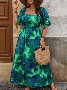 SHEIN CURVE+ 大码女式花卉印花方领荷叶边袖褶饰连衣裙