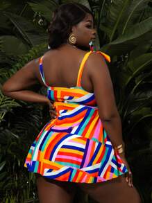 SHEIN Slayr CURVE Vibrant Colorblock Geometric Print Tie-Front Plus Size Women Swimdress For Summer Beach Vacation