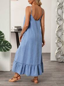 SHEIN LUNE 女式休闲牛仔连衣裙，带荷叶边下摆，可调节细肩带，夏季 - 藍色 - 查看 2