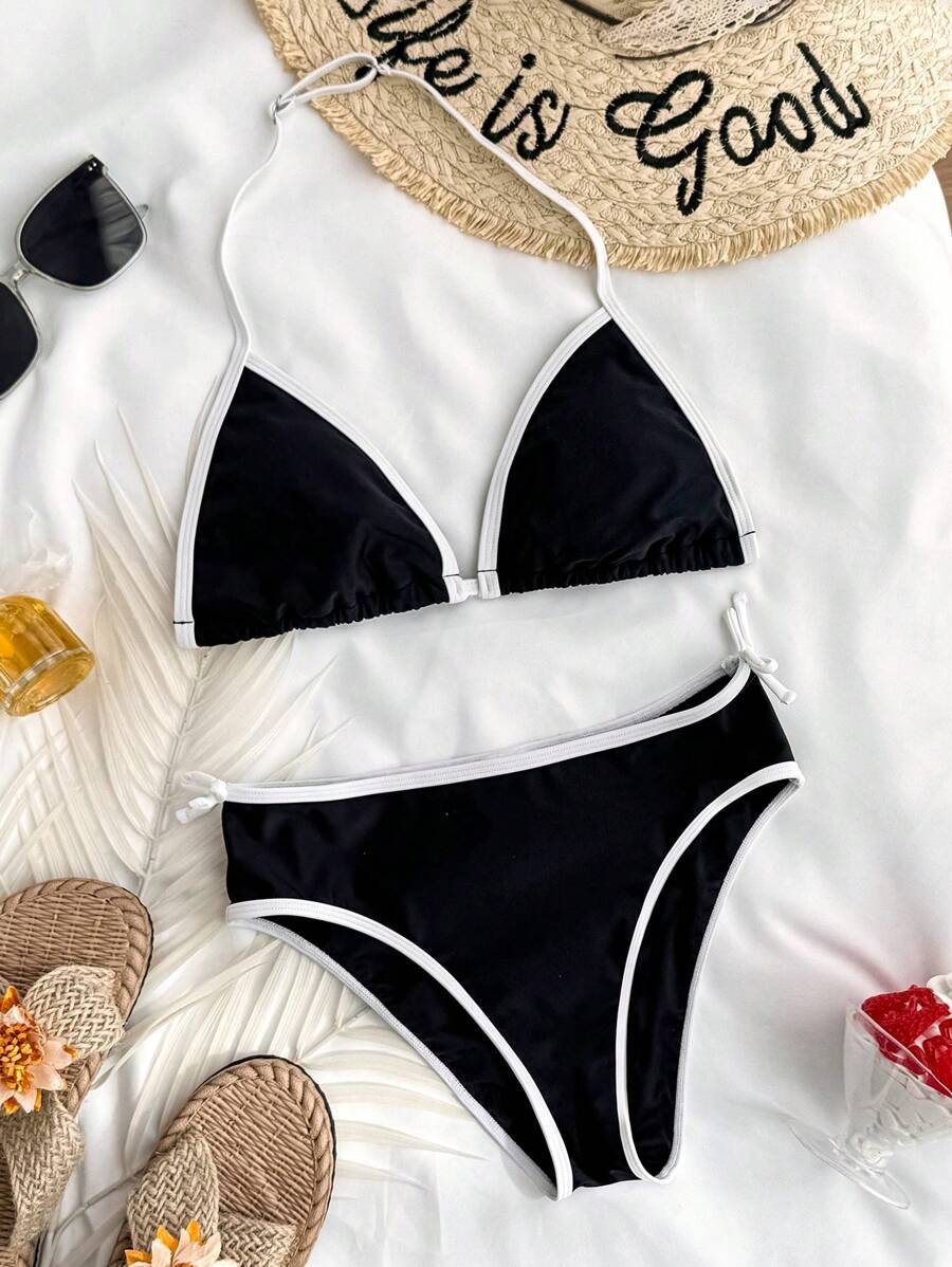 SHEIN Teen Girls Spring & Summer Girls Swimwear Knitted Black & Apricot Bow Contrast Suspender Bikini Two-Piece Swimwear Set, Vacation Style, Holiday, Black & White, Beach Clothes - Black and White - View 1