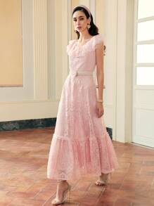 ZEYLAH WOMEN'S Ruffle Trim Lace Tiered Maxi Dress For Valentine's Day,SPRING/SUMMER
