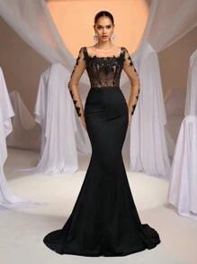 Glamrae Váy đuôi cá xếp nếp dệt kim co giãn đính hạt và đá quý sang trọng thanh lịch, thích hợp cho đám cưới, tiệc tùng, ngày lễ, dạ hội, váy trang trọng, váy dự tiệc cưới, váy dự tiệc, váy dạ hội, váy dài - màu đen - Xem 2