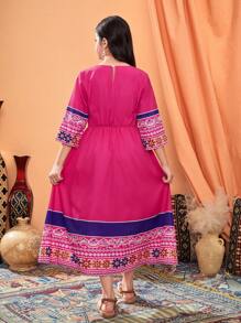 Tween Girl Casual Elegant Rose Red Floral Print Dress, Suitable For Outings, Gatherings - Hot Pink - View 3