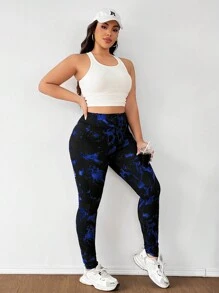 SHEIN EZwear 大码休闲扎染紧身裤，适合慢跑和健身 - 藏蓝色 - 查看 3