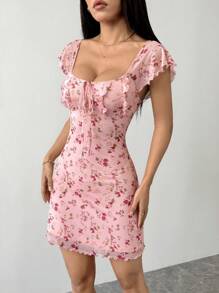 SHEIN PETITE Women's Cherry Print Graphic Tie-Front Waist Mini Dress - Pink - View 3