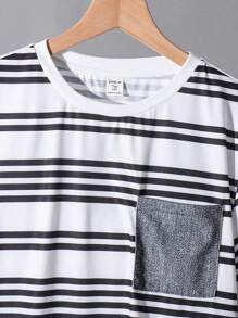 SHEIN 2pcs/Set Teen Boys Casual Striped Pocket Round Neck Short Sleeve T-Shirt And Elastic Waist Denim Effect Long Pants Set, Suitable For Autumn, Spring And Summer, Suitable For Outdoor Play, School, Street Style, Party And Leisure