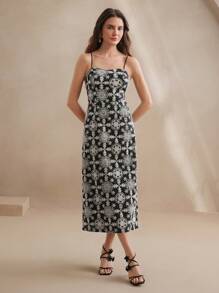 Anewsta Elegant Embroidery Long Slip Dress For Women, Spring/Summer, Floral, Beach Vacation - Black and White - View 6