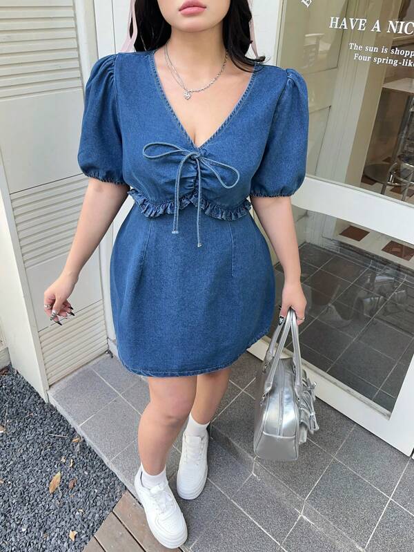 SHEIN MOD Plus Size Blue Denim Dress V-Neck Puff Sleeves Sweet Romantic Dress