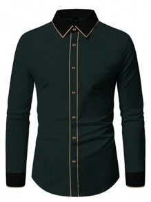 Manfinity Mode Men's Contrast Color Stitching Stand Collar Long Sleeve Shirt,Dark Green,Autumn,Business Casual,Elegant,Evening Party,Formal Designer Shirts For Men - Green - View 3