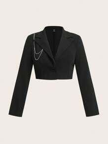 SHEIN EZwear 秋冬大码金属链条装饰短款西装外套 - 黑色 - 查看 1
