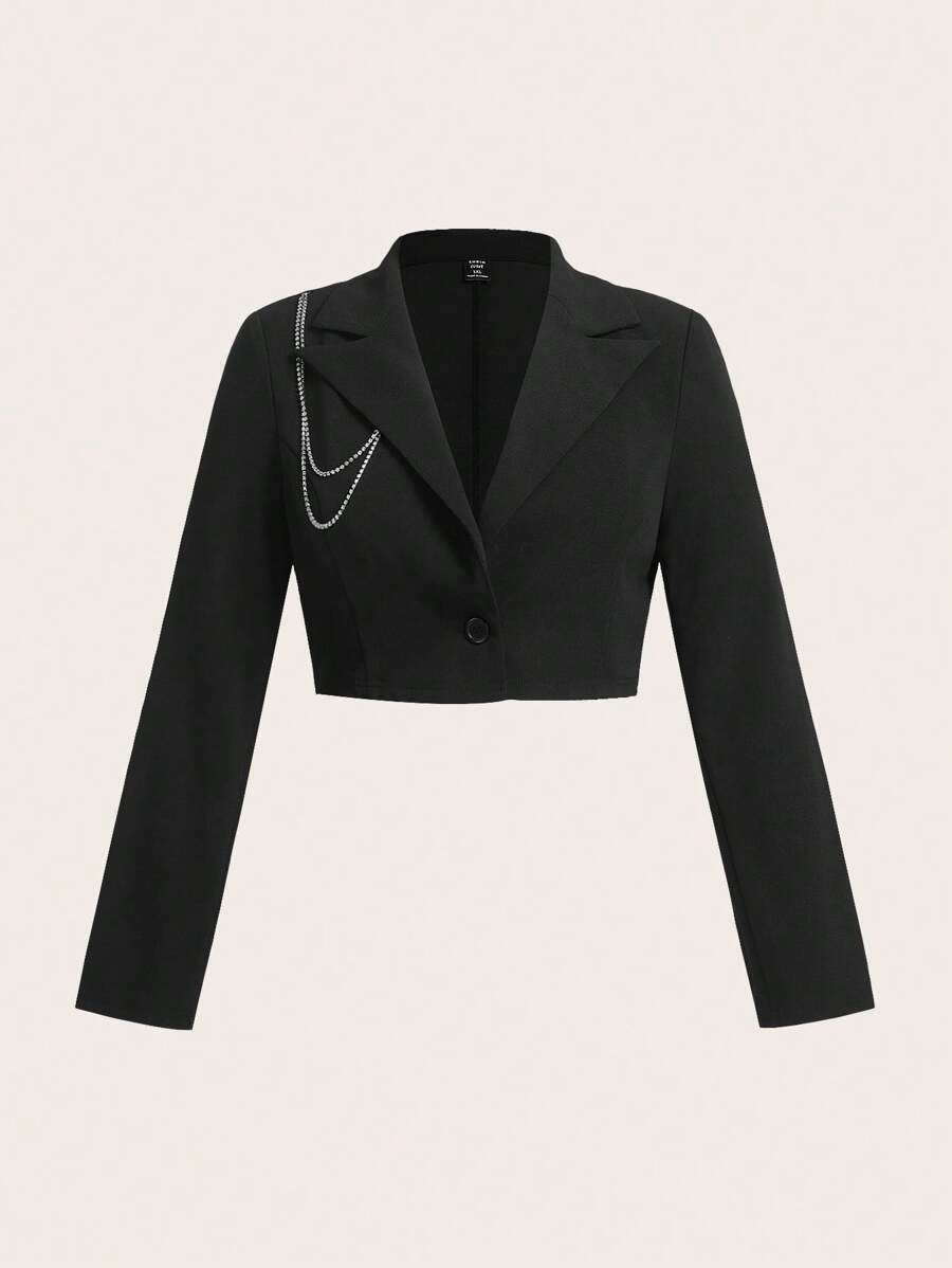 SHEIN EZwear 秋冬大码金属链条装饰短款西装外套 - 黑色 - 查看 1