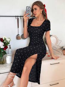 SHEIN LUNE Quadratischer Ausschnitt langärmliges lässiges, süßes und romantisches Blümchen Strickkleid, Schwarz - Schwarz - Übersicht 6