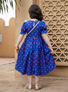 SHEIN Young Girl Royal Blue Summer Fairy Party Wedding Dress,Embroidery Floral Ruffled Tunic - Blue - View 2