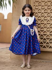 SHEIN Young Girl Royal Blue Summer Fairy Party Wedding Dress,Embroidery Floral Ruffled Tunic - Blue - View 3