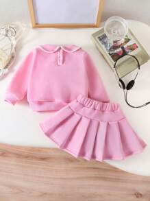 SHEIN Baby Girl 2 Pieces Set With Collar, Bow Decor, Embroidered Sweatshirt & Pleated Skirt, Fashion Outfit - Pink - View 2