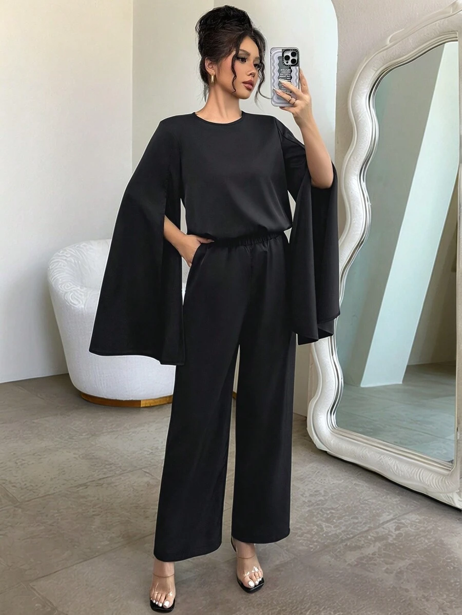 SHEIN Unity 2 件套女士优雅圆领开衩袖衬衫和基本款,秋冬 - 黑色 - 查看 1