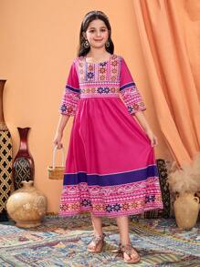 Tween Girl Casual Elegant Rose Red Floral Print Dress, Suitable For Outings, Gatherings - Hot Pink - View 1