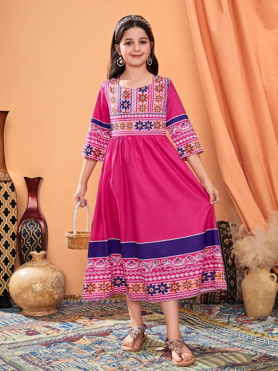 Tween Girl Casual Elegant Rose Red Floral Print Dress, Suitable For Outings, Gatherings - Hot Pink - View 1