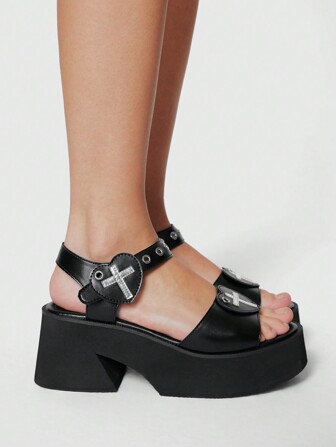 Grunge Punk Women's Multiple Strap Buckle Design Round Toe Platform Wedge Heel Punk Style PU Leather Black Roman Sandals, Suitable For Graduation Photo Shoot And Work