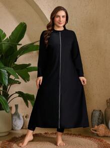 Swim Mulvari 2 件大码女式纯色分体式泳衣套装：条纹点缀长款分体式上衣和纯色高腰下装 - 黑色 - 查看 6