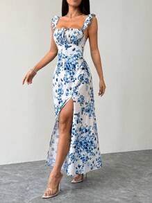 PETITE Vestido largo de mujer con aberturas altas laterales, tirantes con volantes, con fondo blanco y flores azules para vacaciones - Rojo - Ver 10