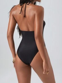 Swim EVENT Women's Beach Vacation Spaghetti Strap Backless Faux Pearl Decor Simple Black Monokini Summer - Black - View 2
