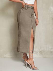 SHEIN SXY Women's Casual Button Front Pocket Slit Denim Midi Skirt