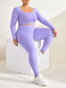 Easithlete Women Plus Size Solid Color Long Sleeve & Long Pants Seamless Sports Suit