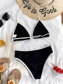 SHEIN Teen Girls Spring & Summer Girls Swimwear Knitted Black & Apricot Bow Contrast Suspender Bikini Two-Piece Swimwear Set, Vacation Style, Holiday, Black & White, Beach Clothes - Black and White - View 2