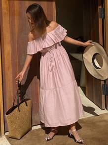 DAZY Sukienka midi z falbanką z odkrytymi ramionami i solidnym dopasowanym dekoltem dla kobiet, odpowiednia na wakacje, randki, nocna sukienka letnia - Różowy - Zobacz 6