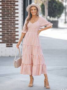 SHEIN LUNE Brown Plaid Print Ruffle Hem Mid-Length Dress For Women,Vacation Outfits Woman - Multicolor - View 6