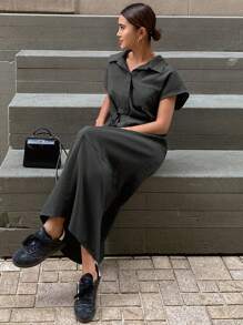 Livesso Einfarbiges, locker sitzendes, kurzärmliges, taillenumspieltes Hemdkleid im Maxilänge Stil für lässige Sommeroutfits, Strandmode für Frauen - Grau - Übersicht 6