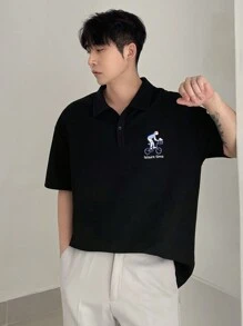 DAZY Polo nera da uomo con stampa di persone e lettere, estiva - nero - Visualizzare 6