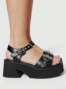 ROMWE Grunge Punk Punk Rock Style Women Platform Roman Sandals, Round Toe Multi-Strap Design, Black PU Material, Suitable For Graduation Photos, Profession Spring Shoes Spring Break Easter