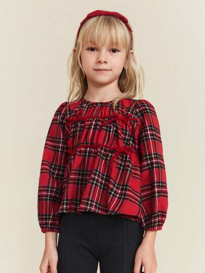 SHEIN 年轻女孩圣诞红绿格子蝴蝶结装饰圆领宽松套头衫，休闲时尚，长袖，秋冬