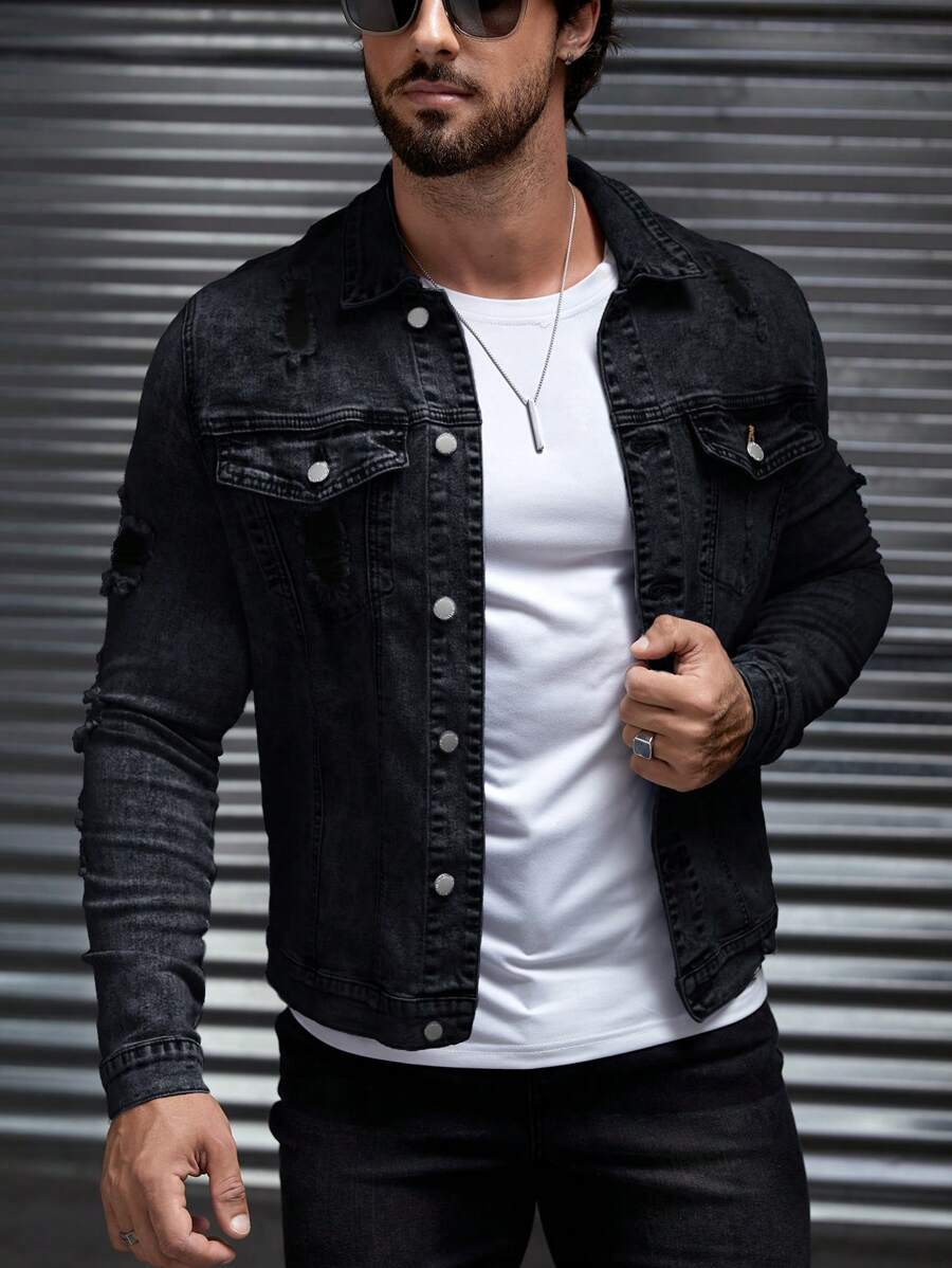 Manfinity VCAY 男士前扣长袖口袋简约休闲牛仔夹克