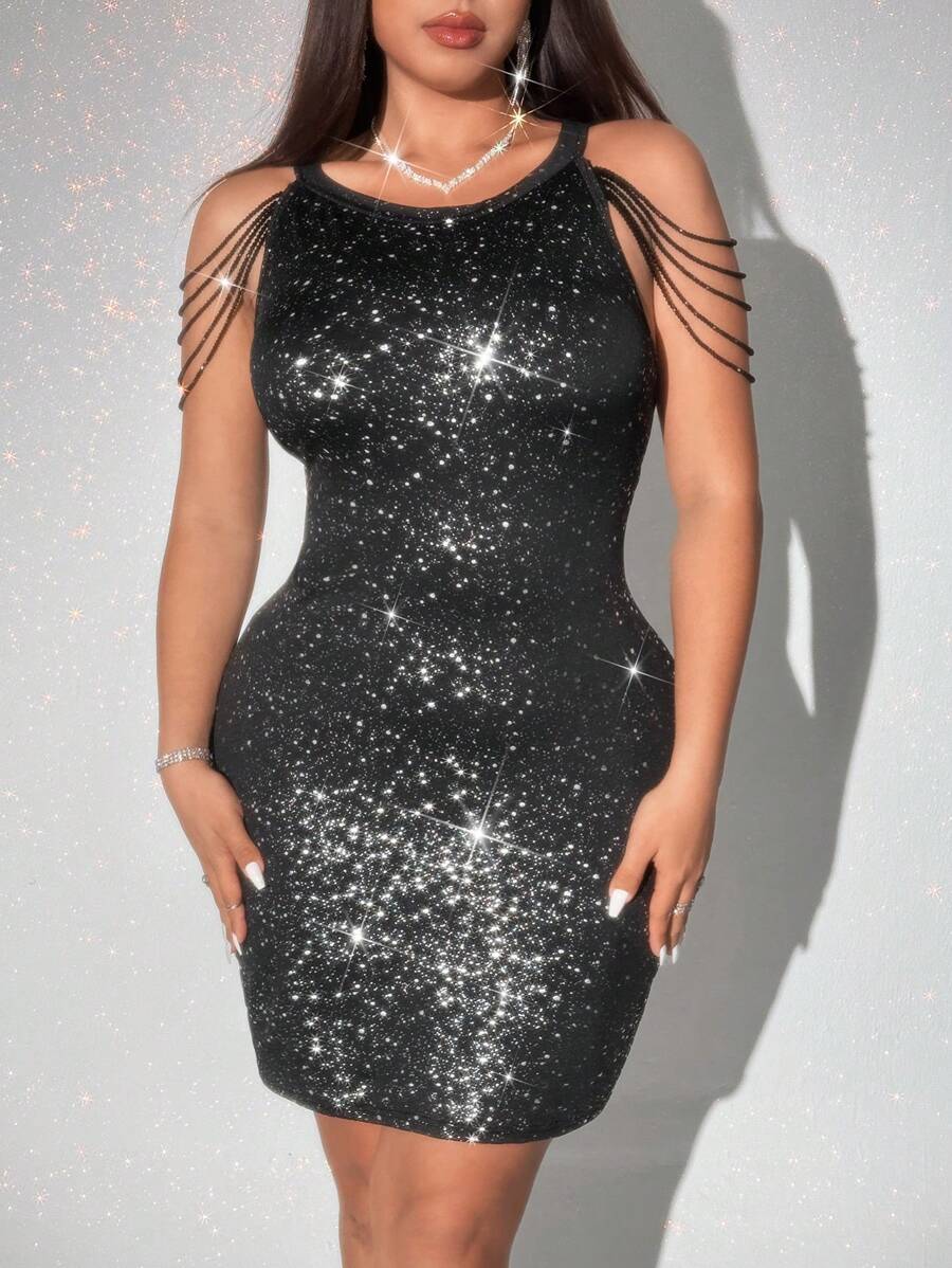 SHEIN Unity 大码撞色亮片吊带连衣裙，修身简约设计，适合日常休闲穿着