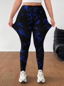 SHEIN EZwear 大码休闲扎染紧身裤，适合慢跑和健身 - 藏蓝色 - 查看 5