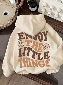 Slaydiva ENJOY & Letter Print Casual Loose Fit Hoodie Sweatshirt For Women, Suitable For Autumn & Winter