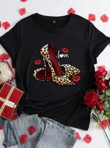SHEIN LUNE Valentine's Day Leopard Print Heart Graphic High Heel Plus Size Short Sleeve T-Shirt