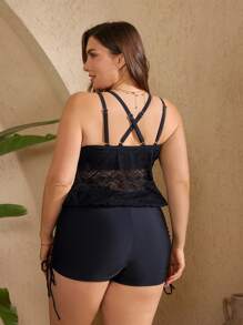 SHEIN Swim Curve Plus Size Women's Solid Color Spaghetti Strap Tankini Swimwear For Summer Beach Vacation - Black - View 2